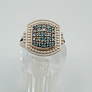 Designer Signed SJ Sterling Silver 925 Blue Diamonds Ring - Size 6